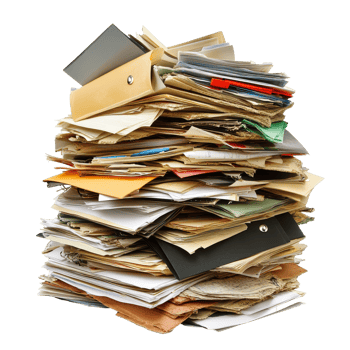 A towering pile of assorted folders and paperwork cluttering an office space during a busy workday, Pile of folders and paperwork png