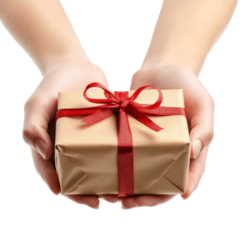 Hands presenting a wrapped gift with a red ribbon against a clean transparent background, Giving a gift on transparent background png