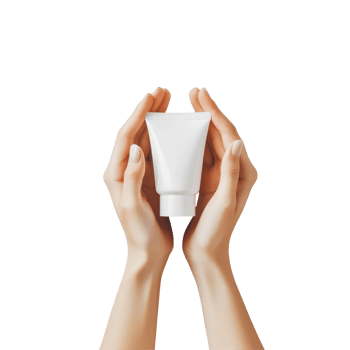 Hands holding a transparent cream bottle against a plain transparent background for skincare use, hands cream bottle on transparent background png