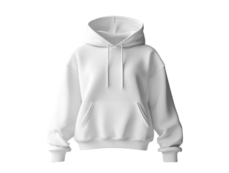 white hoodie with front pocket and drawstring hood, perfect for casual wear. png