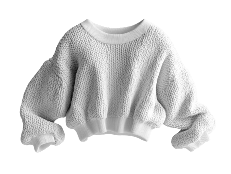 Cozy white knitted sweater with puffed sleeves and ribbed hem png