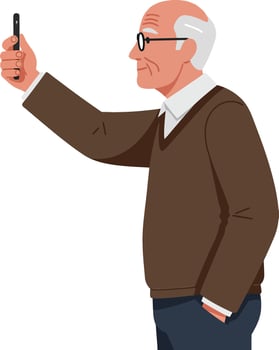 Elderly man with glasses taking a selfie in a casual setting, flat design illustration vector