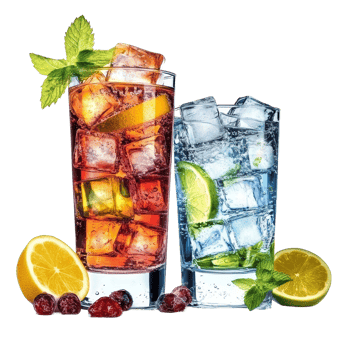 Refreshing iced drinks with vibrant fruits and ice cubes in clear glasses on a bright background, Glasses with Ice Cubes, Refreshing Drinks, Isolated on transparent background Background png