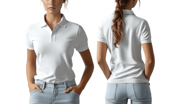 woman wearing white polo shirt and jeans, showcasing casual style png
