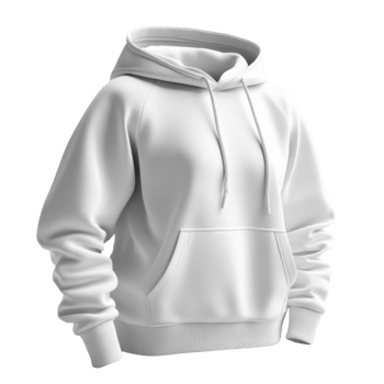 A stylish white hoodie with front pocket and drawstring hood, perfect for casual wear . png