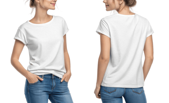 woman wearing plain white t shirt and blue jeans, showcasing front and back views png