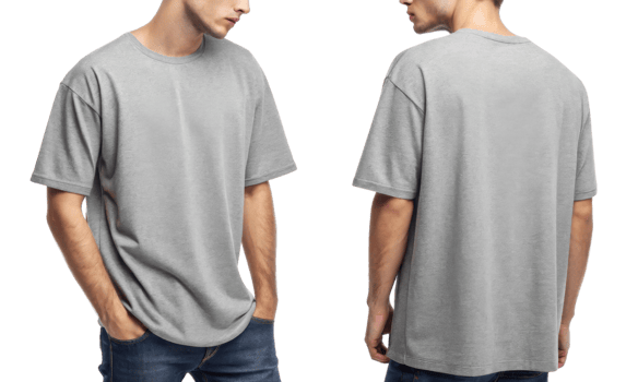 Gray t shirt on male model, front and back view, casual style png