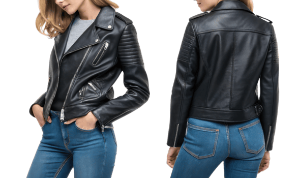 stylish woman wearing black leather jacket and blue jeans, showcasing modern look png