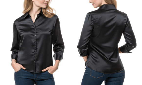 stylish black satin blouse with button up front and rolled sleeves, perfect for elegant occasions png