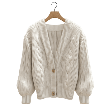 Cozy white knitted cardigan with oversized sleeves and buttons png