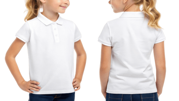 girl wearing white polo shirt, smiling and posing from front and back png
