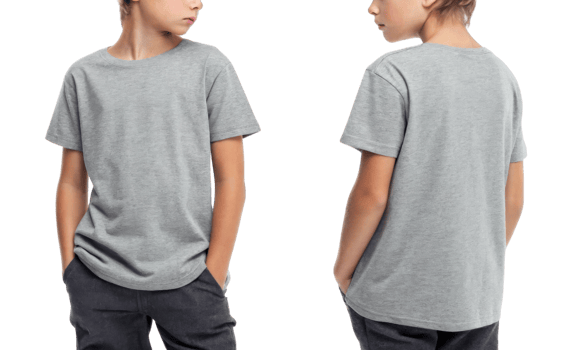 gray t shirt worn by boy, showcasing front and back views, casual style png