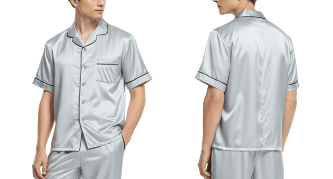 Sleek silver satin pajamas for men, featuring short sleeve design and pocket. Perfect for comfortable night sleep png