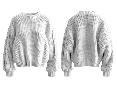 Cozy white knitted sweater with oversized sleeves and textured design png