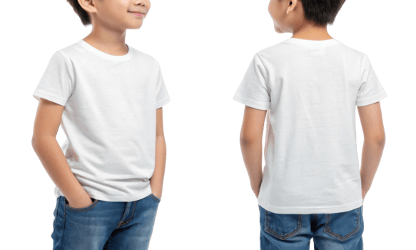 young boy wearing plain white t shirt and blue jeans, smiling and posing from front and back png