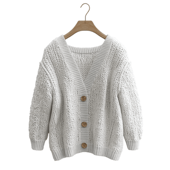 Cozy knitted cardigan in light gray with wooden buttons, perfect for layering png