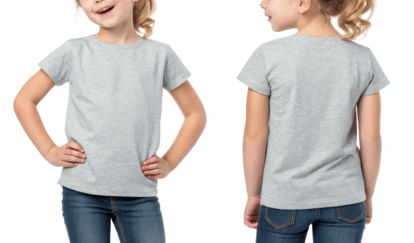 This features girl wearing gray t shirt, showcasing both front and back views. playful expression adds cheerful vibe to scene png