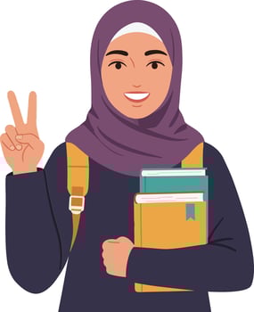 A cheerful young woman in a hijab holding books and flashing a peace sign in a minimal illustration style, exuding confidence and positivity in her academic journey art vector