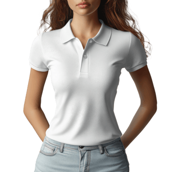 woman wearing white polo shirt and denim shorts, standing confidently png