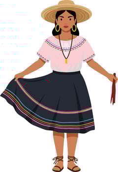 A young woman in traditional dress holding a red ribbon, wearing a straw hat, showcasing vibrant colors in a flat illustration vector