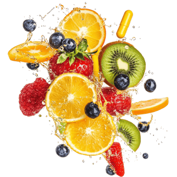 Colorful fruit splash with multivitamin capsule on transparent background, showcasing freshness and health benefits, multi vitamin fruit splash isolated on transparent background png