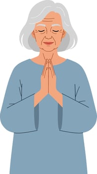 Elderly woman with gray hair and closed eyes in a peaceful pose wearing a blue robe, illustrated in a minimal art style vector