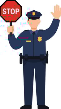 Police officer in uniform holding a stop sign with a raised hand in flat art style conveying authority and safety vector