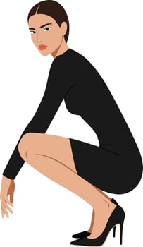 Stylish woman in a sleek black dress and high heels squatting gracefully in a modern, minimalist style illustration vector