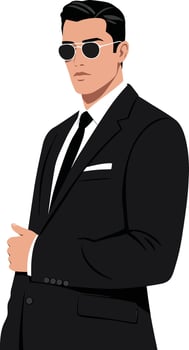 Confident man in a sleek black suit wearing sunglasses, exuding professionalism and charisma in a minimal illustration vector