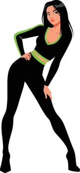 Stylish woman in a black outfit with neon accents striking a confident pose in a flat illustration vector