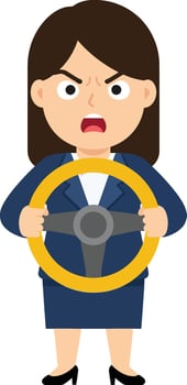 Angry businesswoman gripping a yellow steering wheel in a flat cartoon style illustration, showcasing frustration and determination in a dynamic expression while wearing a dark suit. vector