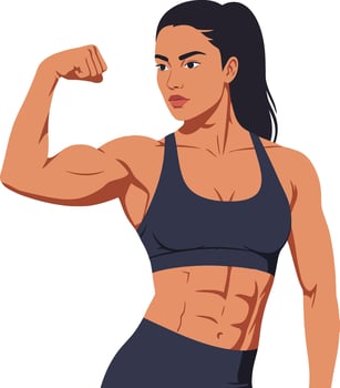 Confident athletic woman flexing her muscular arm in a minimal flat design style showcasing strength and empowerment in art vector
