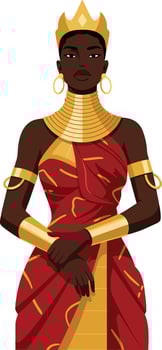 Regal woman adorned in vibrant red and gold attire with striking jewelry in a minimal flat design style illustration vector