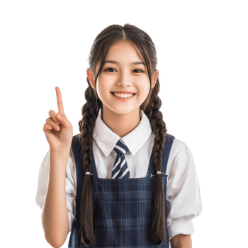 A happy Asian student girl wearing a school uniform shares an idea while standing against a transparent background, Happy pretty Asian student girl in school uniform isolated transparent background png