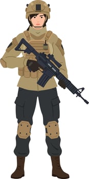Soldier in tactical gear holding a rifle, standing confidently in a flat design style, showcasing strength and determination, art vector