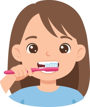 Cheerful young girl brushing her teeth in a flat design style showcasing good hygiene habits in illustration vector