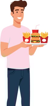 A cheerful young man holding a tray of delicious fast food including a burger, fries, and a drink in a flat illustration vector