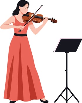 A young woman in a flowing red dress gracefully playing a violin, featuring a flat style, showcasing her passion for music in vibrant art vector