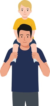 Father carrying son on shoulders in a joyful, flat design style showcasing love and connection in illustration vector