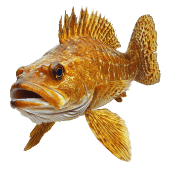 A detailed view of a lingcod fish isolated on a transparent background showcasing its vibrant colors, a lingcod fish isolated on transparent background png