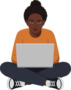 Focused young woman sitting cross-legged on the floor using a laptop in a minimal flat design illustration vector