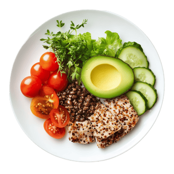 A balanced and nutritious meal featuring grilled chicken, fresh vegetables, and sliced avocado on a transparent plate, Healthy Meal Isolated on transparent background png