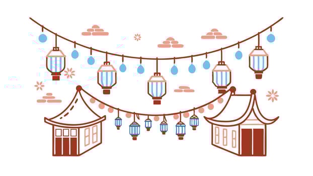 Asian Lantern Festival Street Decor Houses, Lights, and Festive Charm vector