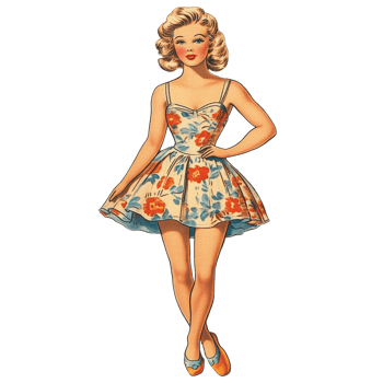 A vintage paper doll from the transparent era showcasing floral patterns, A vintage paper doll, reminiscent of the 1950s era against a transparent background png