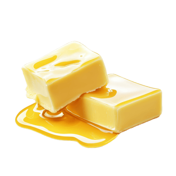 Melting butter pieces creating a glossy puddle on a clean transparent background, Two pieces of butter melting isolated png