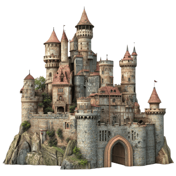 Explore a magnificent fairy tale castle showcasing elaborate medieval architecture with stunning details, Fairy Tale Castles, Fantasy Medieval Architecture Isolated on transparent background png