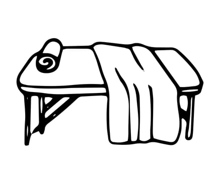Massage table illustration on isolated background. Naive Linear contour icon spa equipment for logotype or design hospital. Black and white contour drawing equipment for massage. vector