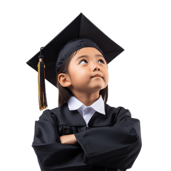 Joyful Asian school child celebrates graduation while wearing a cap and gown in a bright, cheerful setting, Happy Asian school kid graduate in graduation cap thinking isolated transparent background png