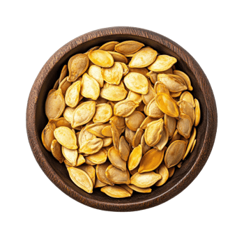 Pumpkin seeds arranged in a wooden bowl on a clean transparent background showcasing their natural color and texture, Pumpkin seeds in wood bowl on transparent background png