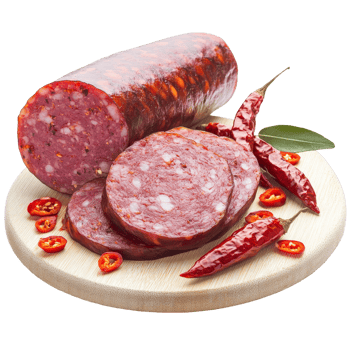 Savory bologna sausage ham with chili peppers displayed on a wooden board against a transparent background, bologna sausage ham with chilli isolated on transparent backgroundfile png